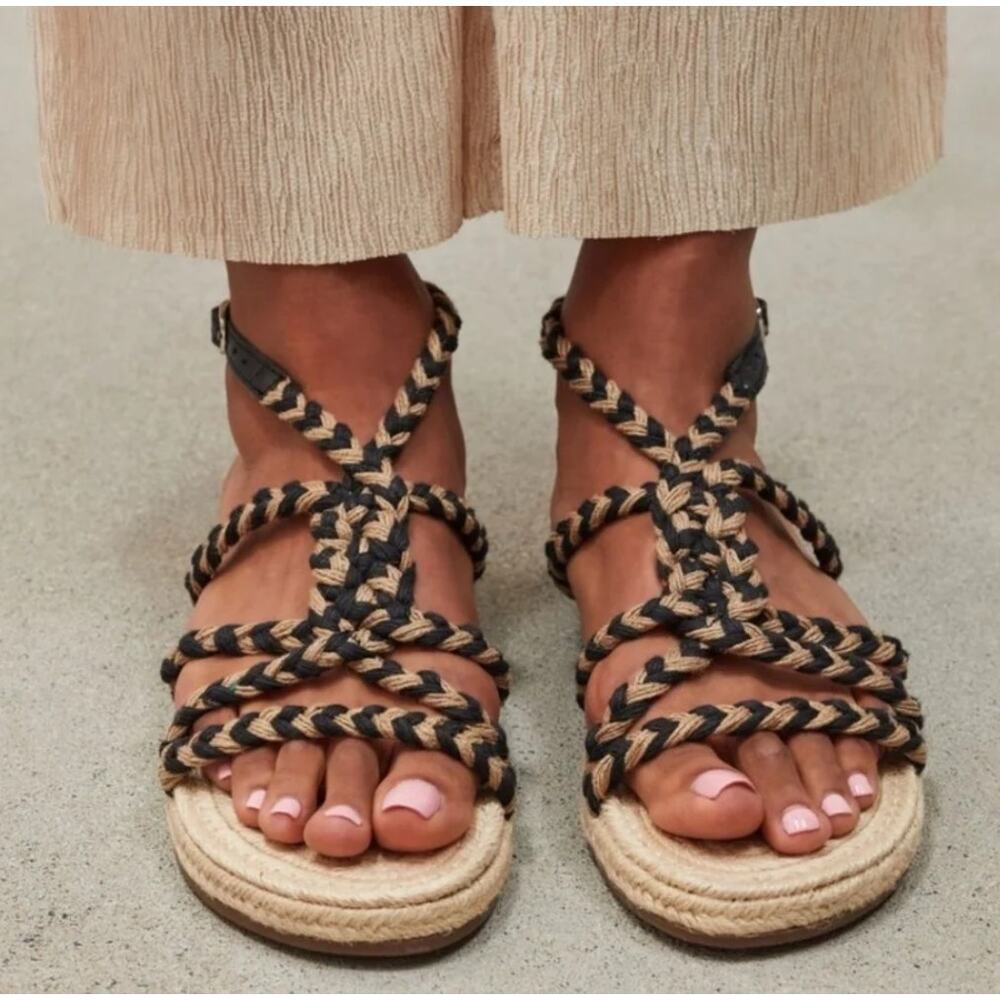 Manebi Sandals Strappy Rope Braid Knot Espadrille Black Natural Tan Size 39